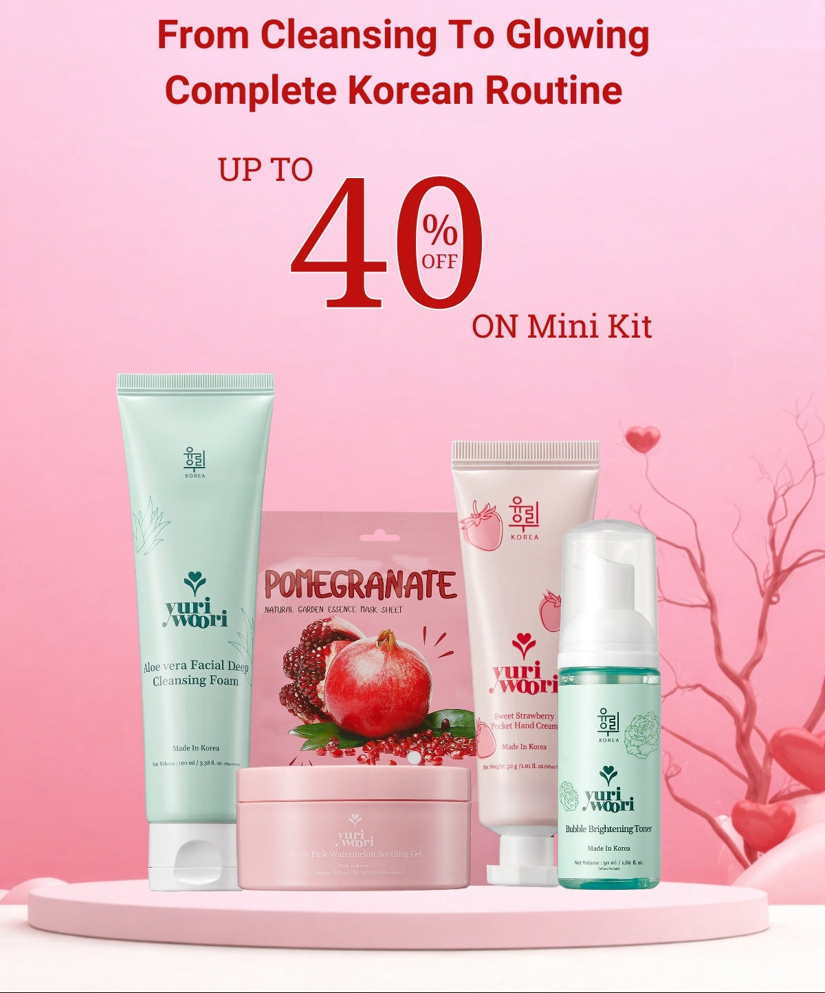 Korean skincare products on a pink background with promotional text.